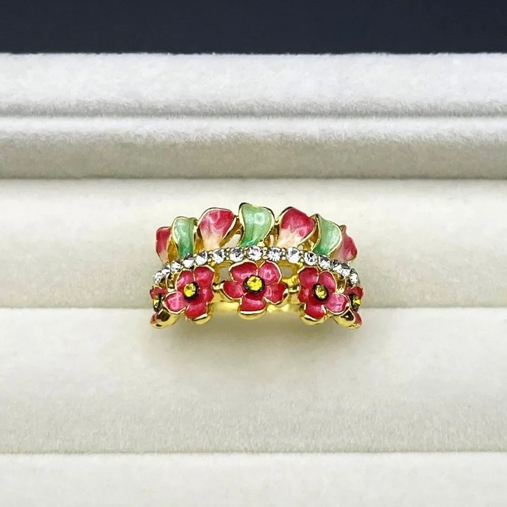 Yellow Gold with Citrine and Diamond Crystal Enamel Leaf and Flower Ring Size 6